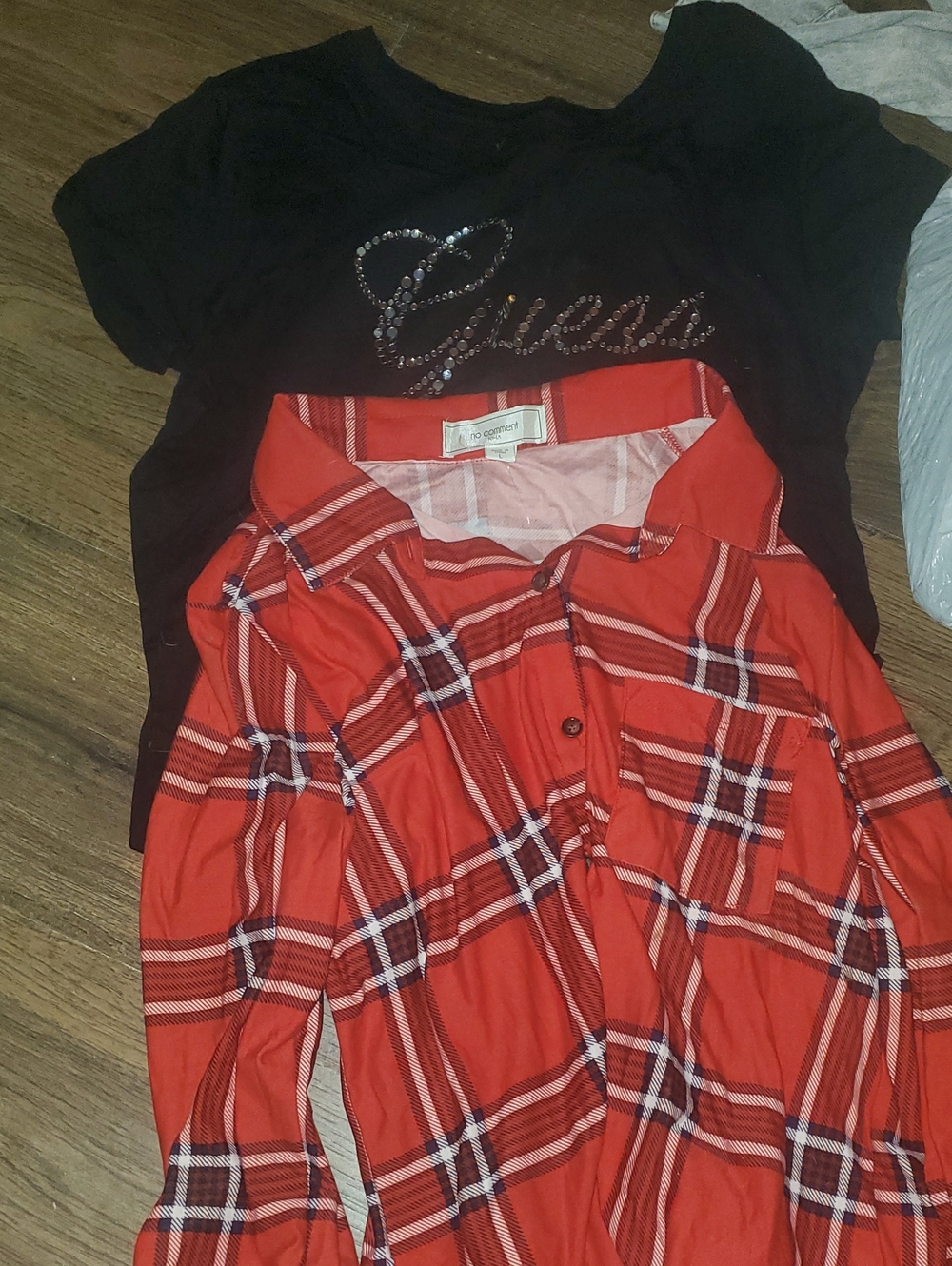 Guess  Black Tee with No Comment Red Plaid Button-Down Shirt Bundle